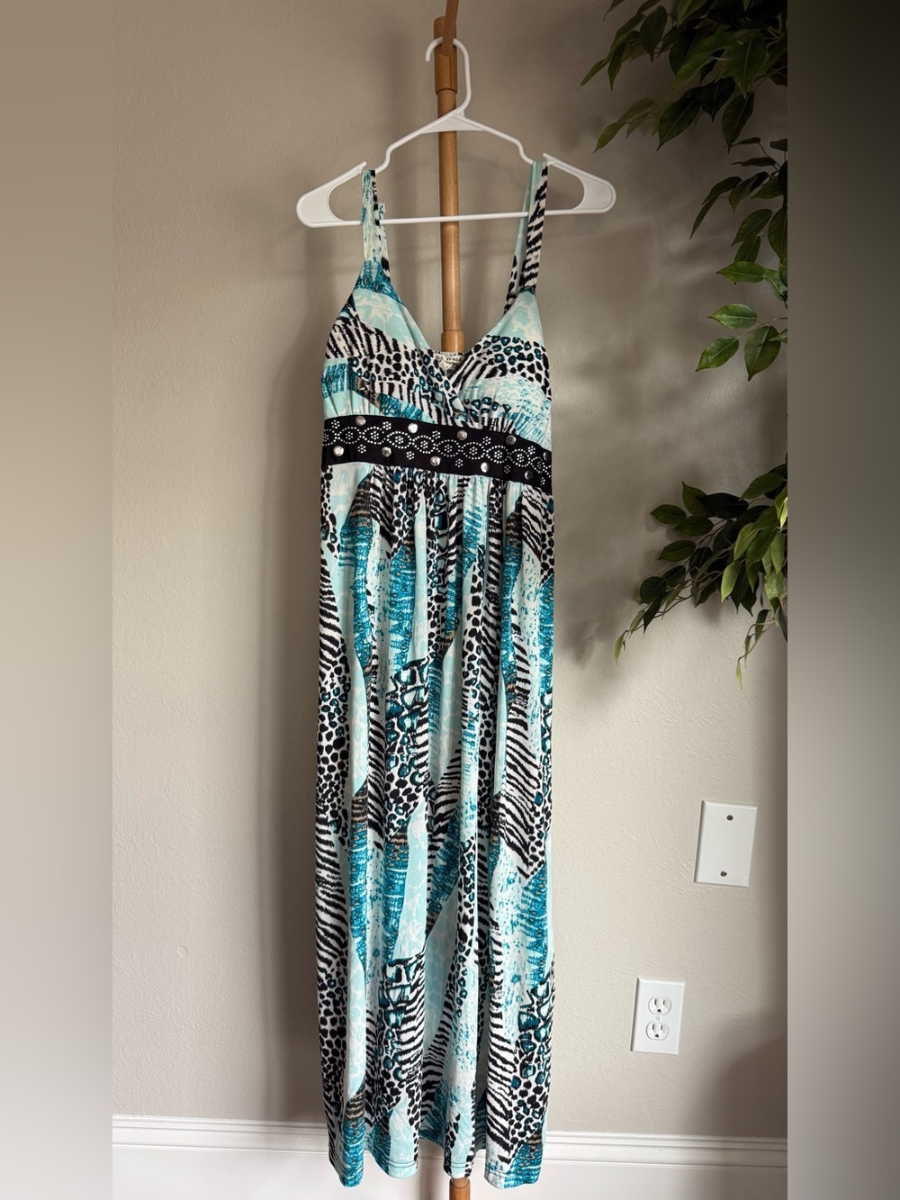 Studio West Apparel Boho Blue Zebra Print Maxi Dress Women’s Size Large